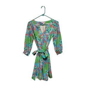 Lilly Pulitzer Anya Silk Dress Sz 0 Surf Blue Checking Preppy Tropical Resort